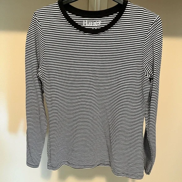 Hanes Black & White Striped Long Sleeve Tee - Picture 1 of 3
